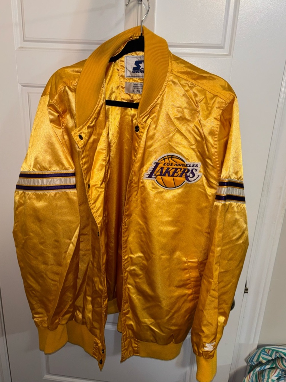 STARTER Gold Satin Los Angeles Lakers Bomber Jacket with Purple Accents